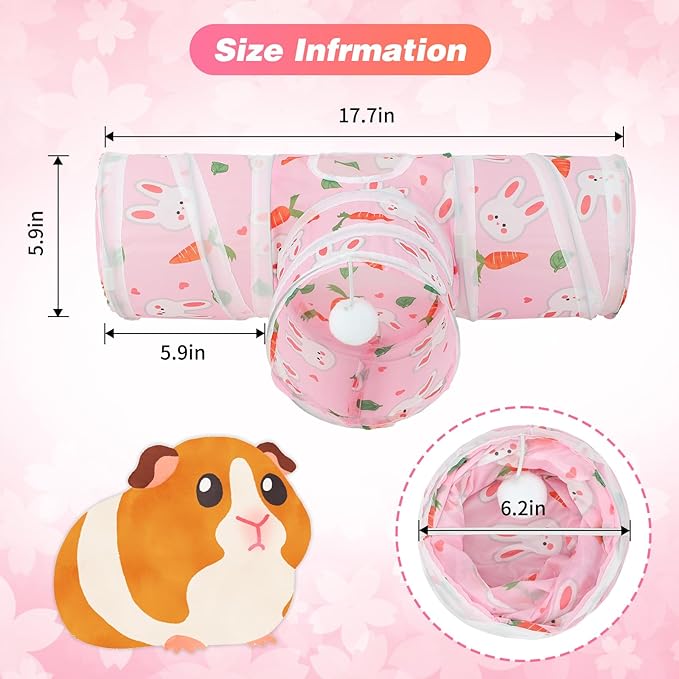 Rypet Guinea Pig Tunnel 3 Way Collapsible Small Pet Tunnels and Tubes with Interactive Ball for Baby Rabbit Ferret Hamster Chinchilla Hedgehog Hiding and Resting-Pink