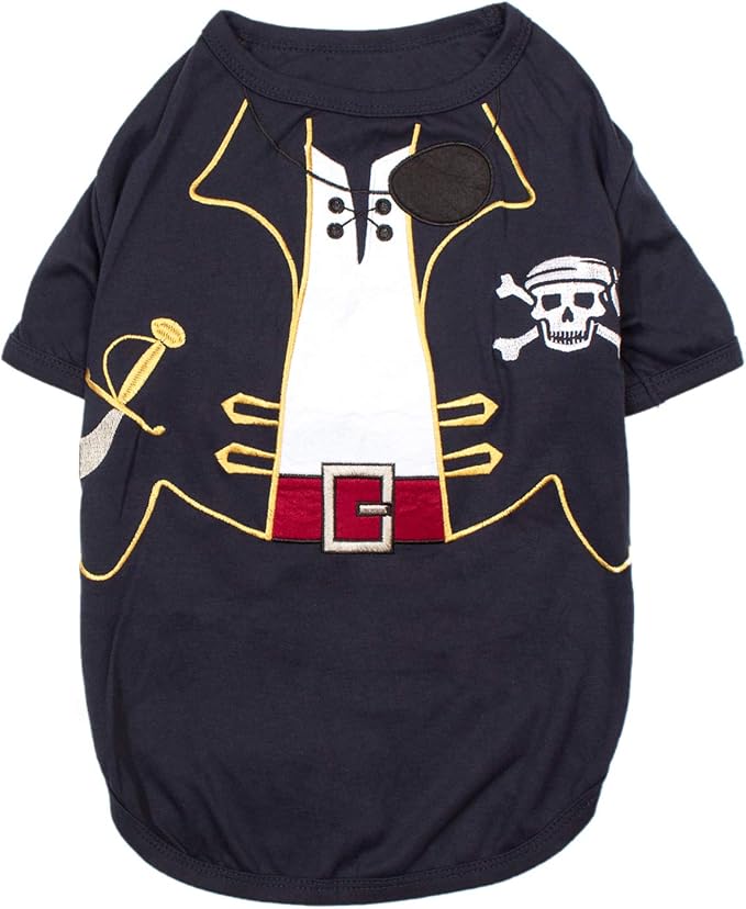 Parisian Pet Captain Sparrow Dog Shirt - Embroidered Pirate Costume - 100% Cotton & Polyester - Sleeved Halloween Outfit - Black Dog Shirt for Small Dogs