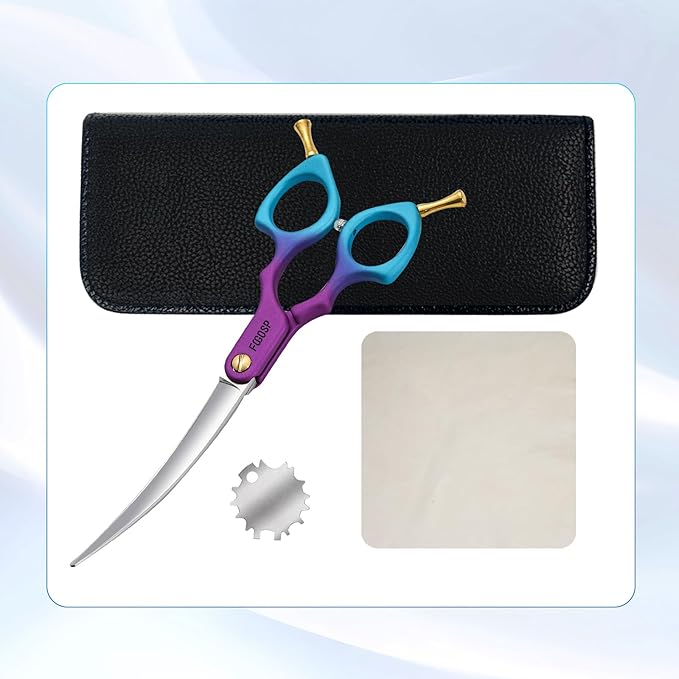 Professional Curved Dog Grooming Scissors with Sharper Self Grinding lightweight and finely trimmed split structure 6.5'' Japan VG10 63HRC for small dogs cat pet(Purple&Blue)