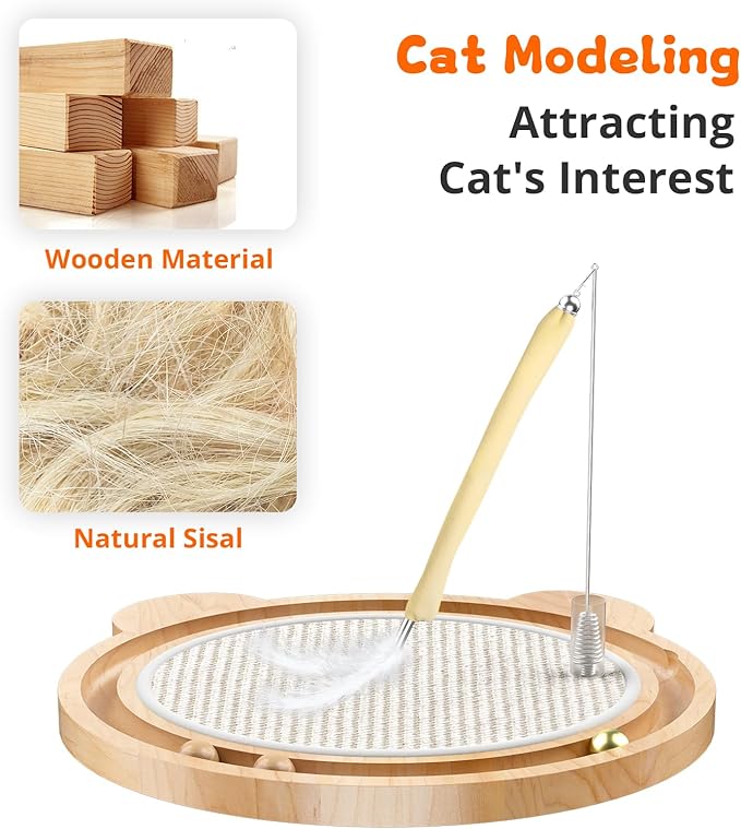 3-in-1 Cat Toys, Scratcher, Toys for Indoor Cats, Natural Sisal Scratching Board, Kitten Interactive with Ball Track & Retractable Wand Toy & Feather