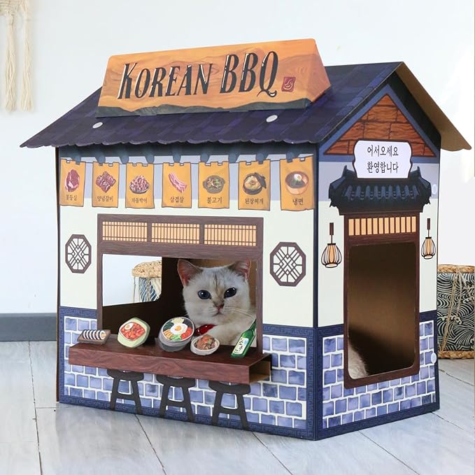 Cat Beds for Indoor Cats, Cardboard Cat House with Scratchers, Korean BBQ, Large Sturdy Cat Furniture Condo Cave Tent, Easy to Assemble Pet Toys Accessories Stuffs, Bunny Small Animals