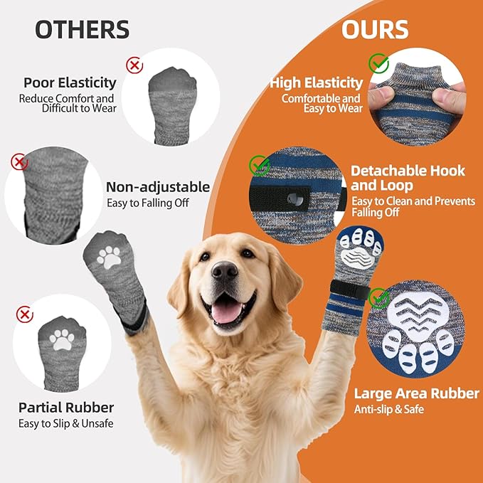 PUPTECK Non-Slip Dog Socks to Prevent Licking Paws, Double Sides Dog Boots & Paw Protectors Booties on Hardwood Floors Hot Pavement with Grippers, for Small Medium Large Senior Dogs, Navy Blue L