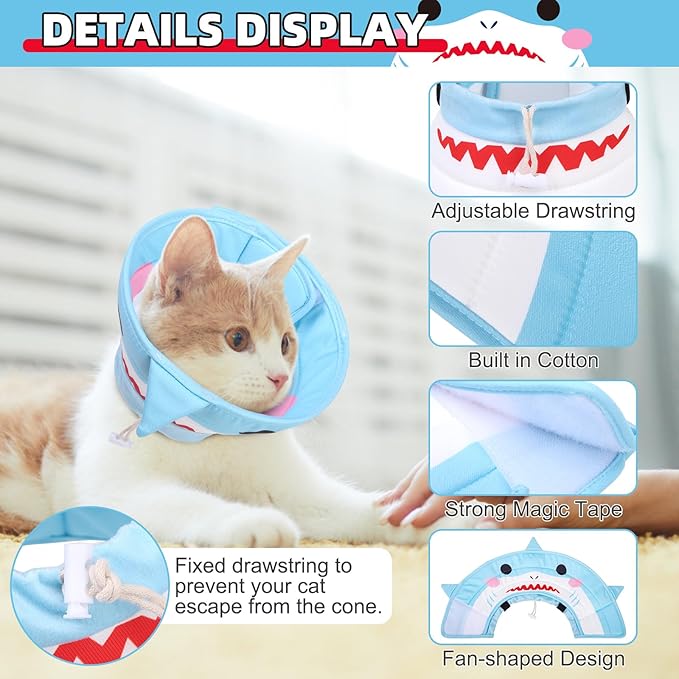 KOOLTAIL Cat Cone Collar, Adjustable Soft Comfortable Cat Recovery Collar to Stop Licking, Foldable Donut Water Resistant Pet Cone for Small Large Cats Kittens After Surgery Shark S