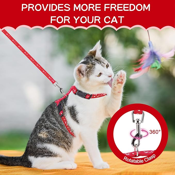 PAWCHIE Cat Harness with Leash and Collar Set - Escape Proof Adjustable H-shped Cat Harness with Star and Moon Pattern Glow in The Dark for Kitty Outdoor Walking, Red M