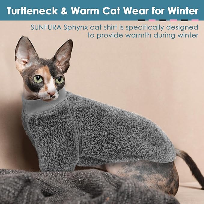 SUNFURA Sphynx Cat Sweater, Hairless Cats Turtleneck Pullover Kitten Sweaters for Cats Only, Warm and Soft Cat Pajamas Shirt with Sleeves Pet Winter Clothes Fleece Jumpsuit for Puppy, Grey M