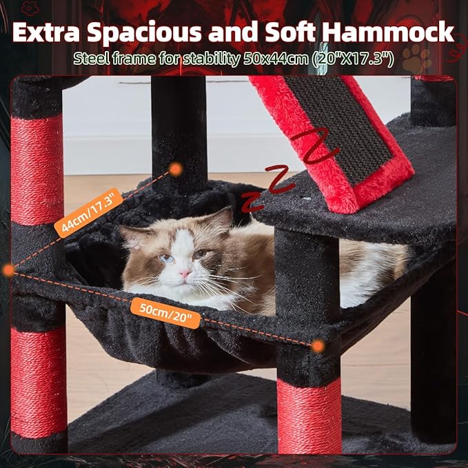 Taoqimiao Gothic Cat Tree 57.5-Inch, Cat Tower for Indoor Cats Large Adult, Large Cat Condo, 8 Sisal Scratching Posts, Metal Frame Cozy Hammock, Durable Scratch Board, 2 Perches, Black and Red MS026BR