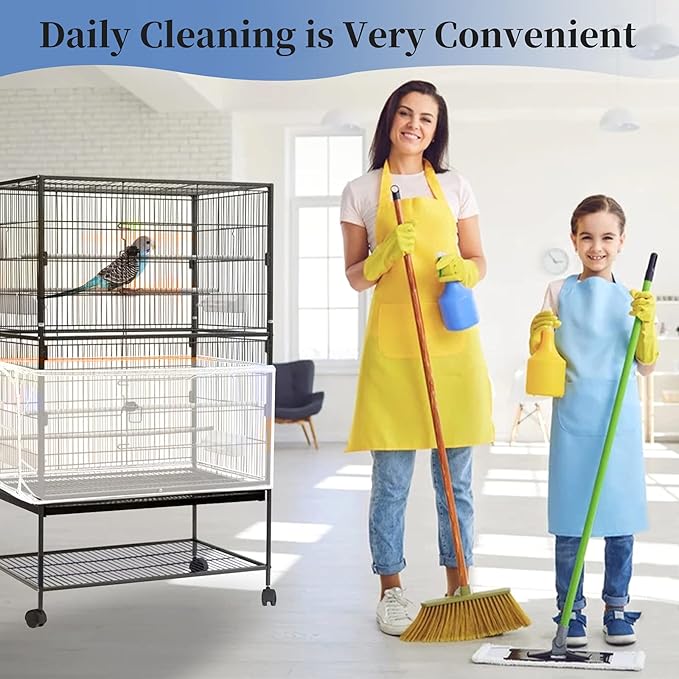 Daoeny Large Bird Cage Cover, Bird Cage Seed Catcher, Adjustable Soft Airy Nylon Mesh Net, Birdcage Cover Skirt Seed Guard for Parrot Parakeet Macaw African Round Square Cages (White)