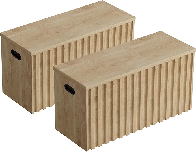 UEV Storage Bench Set of 2, 39.4" Wood Storage Trunk with 2 Safety Hinges, Sturdy Storage Chest, Fluted Storage Bench for Bedroom, Shoe Bench for Entryway, Living Room (Ivroy White)