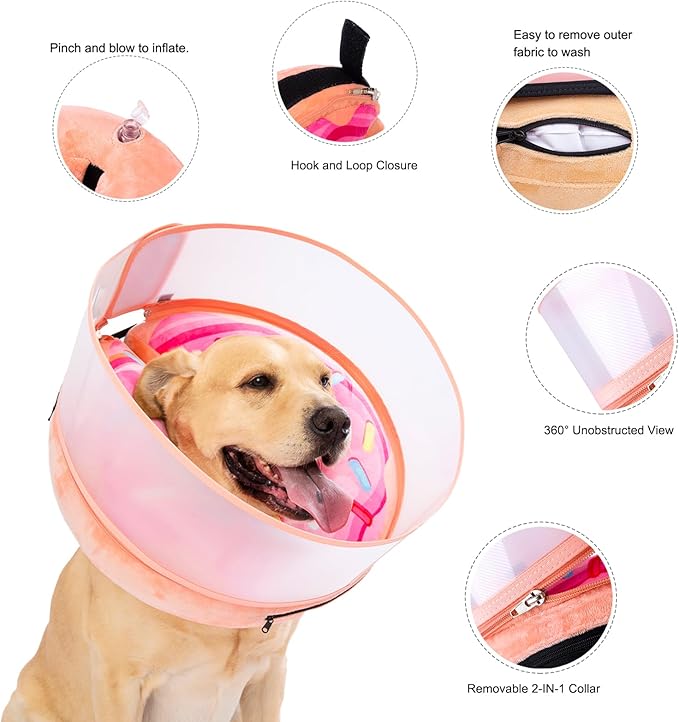 Inflatable Dog Cone Collar with Enhanced Anti-Licking, Soft Neck Donut for Dogs Cats, Recovery Pet Cone Collar After Surgery for Large Medium Small Dogs (Donut Pink2, Medium+)