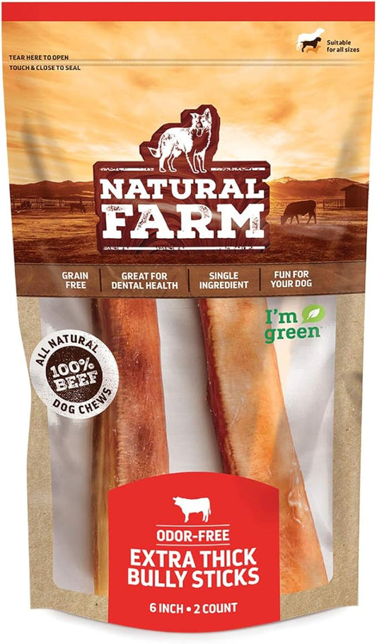 Natural Farm Odor-Free Jumbo Bully Sticks, (6 Inch, 2 Pack), Extra-Thick Chews for Dogs, Fully Digestible 100% Beef Treats, Great for Dental Health, Keep Your Dog Busy with 50% Longer Lasting Chews