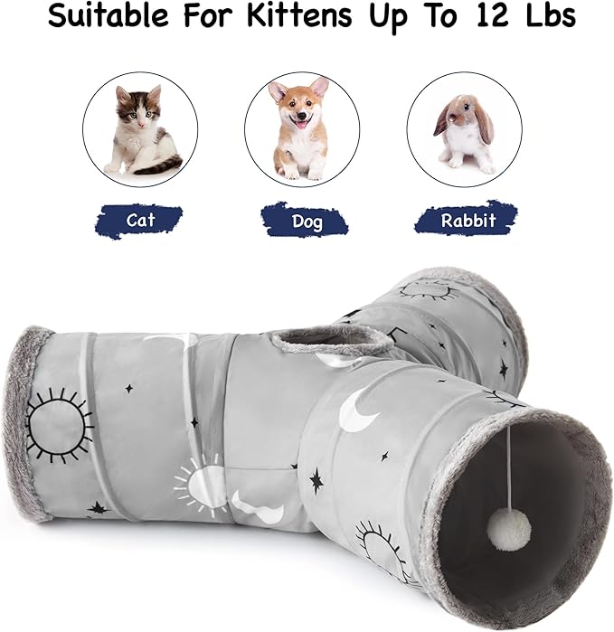 Tempcore Pet Cat Tunnel Tube Cat Toys 3 Way Collapsible, Cat Tunnels for Indoor Cats Fleece-Lined in for Warmth,Kitty Tunnel Bored Pet Toys Peek Hole Toy Ball Puppy, Kitten, Rabbit Gray Sun