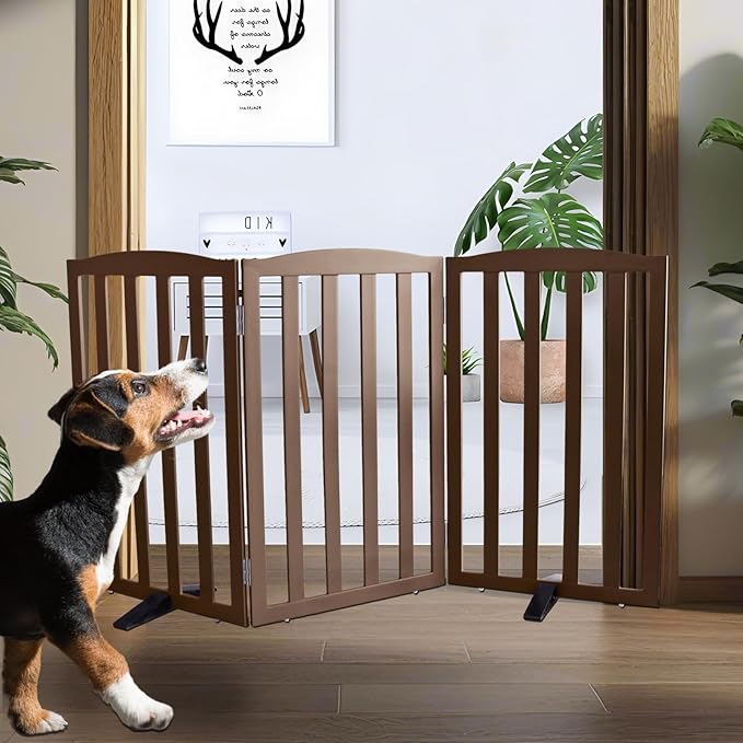 ZJSF Foldable Freestanding Indoor Dog Gate for House Wood Long Pet Gates Dog Fence for Stairs Puppy Gates for Hallways, Puppy Gate,Support Feet Included, Brown, 32 "Height-3 Panels