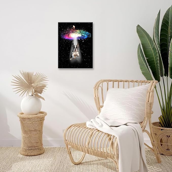 Funny Dog Wall Art Canvas Boston Terrier Wall Decor Prints Framed Painting Bulldog Galaxy Pictures Gifts Artwork for Bathroom 16"x20"