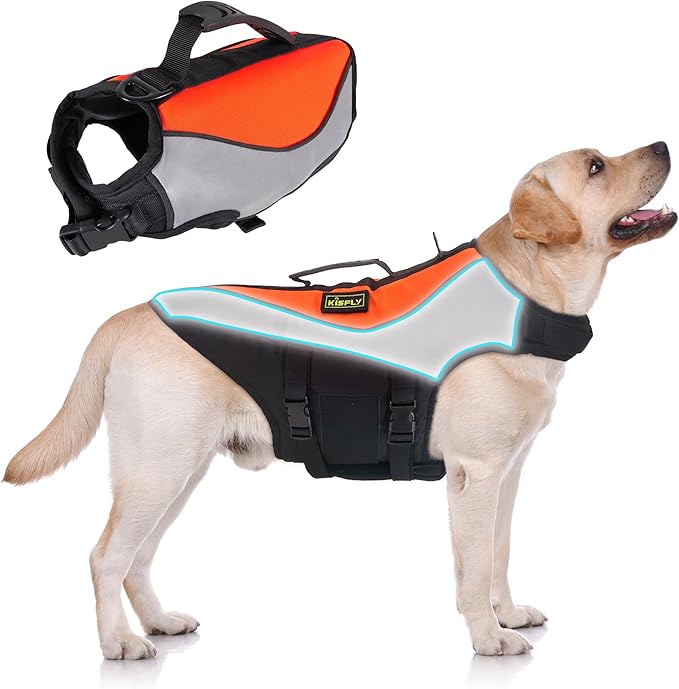 Heavy-Duty Reflective Dog Life Vest for Swimming - Adjustable Dog Flotation Vest with Rescue Handle, Pool & Beach PFD Life Jacket for Large Dogs (XXXL, Orange)