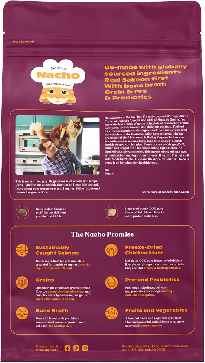 Made by Nacho Dry Cat Kibble 4lb Bag, High Protein Premium Cat Food with Freeze Dried Pieces, Sustainably-Caught Salmon, Whitefish & Pumpkin, Limited Ingredients, Single Bag