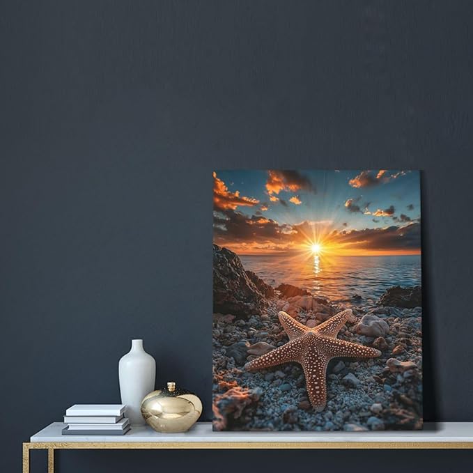 Beach Starfish Wall Decor Ocean Starfish Wall Art Sunset Scenery Coastal Theme Pictures Canvas Nature Seascape Painting Print Framed Artwork Decorations for Home Bathroom Living Room Bedroom Office 16"x20"