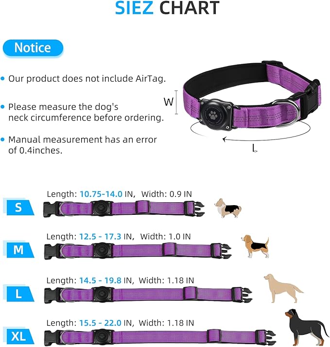 Reflective Air Tag Dog Collar - 100% Waterproof Dog Collar AirTag Holder | Extra-Durable, Soft Padded AirTag Dog Collars for Small Medium Large Dogs