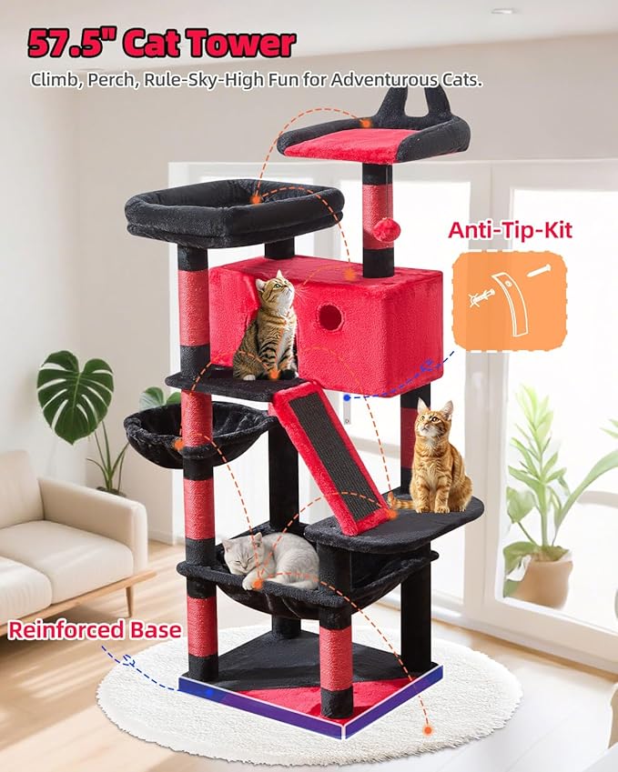 Taoqimiao Gothic Cat Tree 57.5-Inch, Cat Tower for Indoor Cats Large Adult, Large Cat Condo, 8 Sisal Scratching Posts, Metal Frame Cozy Hammock, Durable Scratch Board, 2 Perches, Black and Red MS026BR