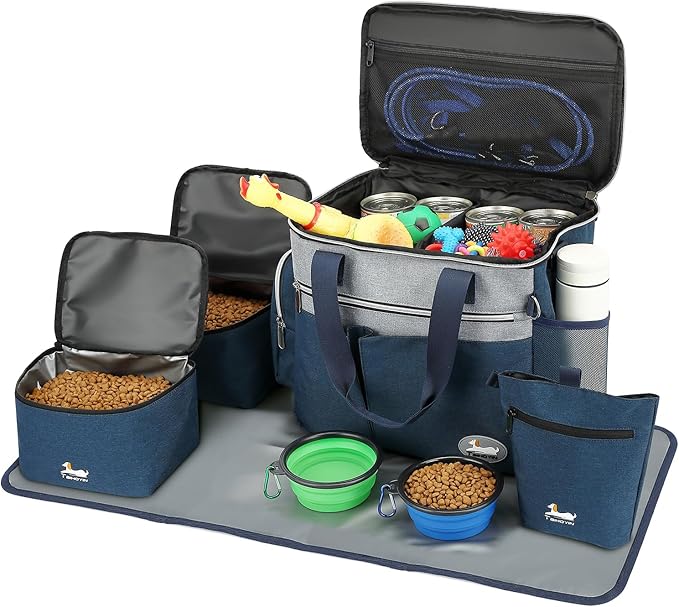 Dog Travel Bag for Pet Kit for Supplies with 2 Food Storage Containers 2 Collapsible Bowls 1 Feeding Mat 1 Dog Treat Pouch 7-Piece Set Perfect Road Trips Camping Weekend Doggy Gift, Navy Blue