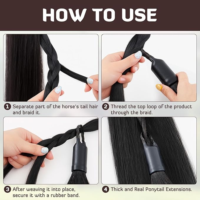 Zeyune 3 Pcs Horse Tail Extensions Set with Braided Horsehair Loop Include Ponytail Comb and Storage Bag, Natural Black for Equestrian Competitions, Horse Shows, Daily Grooming(28-30inch,3/8 lb)