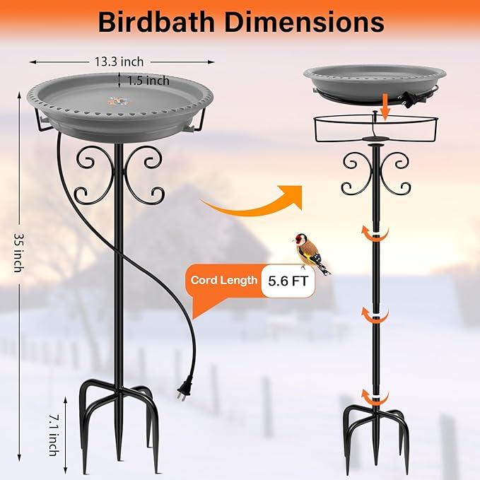 Daoeny Heated Bird Bath for Winter, 100W Heated Bird Baths for Outdoors Thermostat Control with 5-Prong Metal Base, Heated Bird Bath for Outside Winter Garden Patio Yard Lawn (Grey)