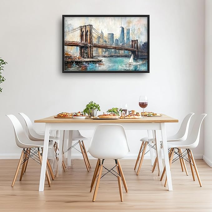 Extra Large Framed Brooklyn Bridge Wall Art,New York City Wall Decor,Abstract Skyline Cityscape Pictures for Living Room,Canvas Print Painting Modern Artwork Bedroom Office Bathroom 36L x24W