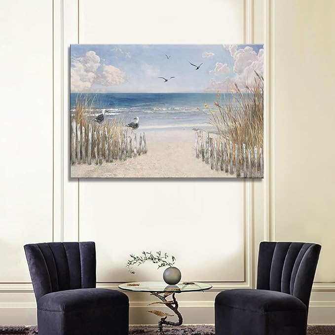 XXMWallArt FC3781 Sandy Beach Wall Art Canvas Print Wall Art Seascape Blue Print Home Decor Abstract Coastal Picture Modern Ocean Artwork for Living Room Bedroom Bathroom Office Decor