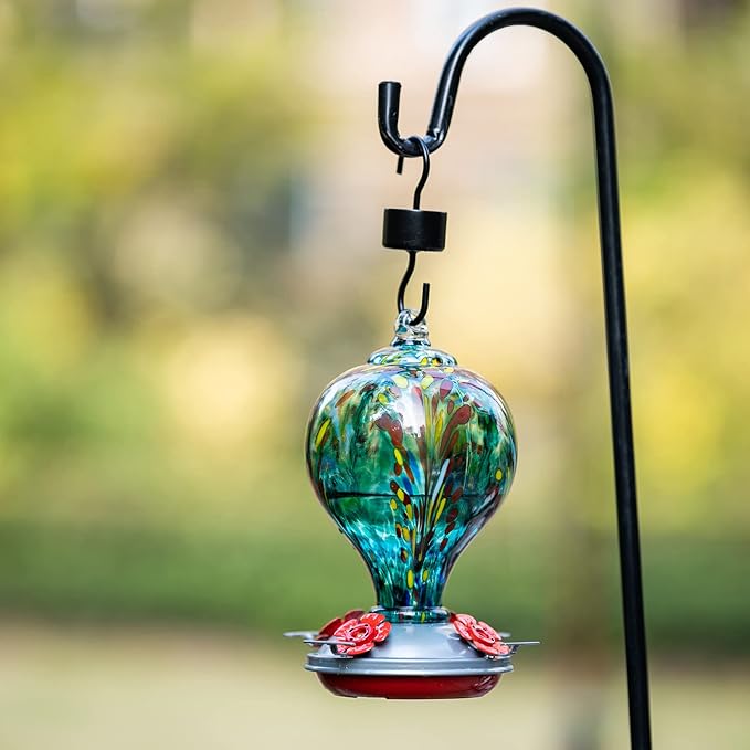 2 Packs Hummingbird Feeder for Outdoors Hanging Ant and Bee Proof, 34OZ 32OZ Hand Blown Glass Hummingbird Feeders for Outside (Yellow & Teal)