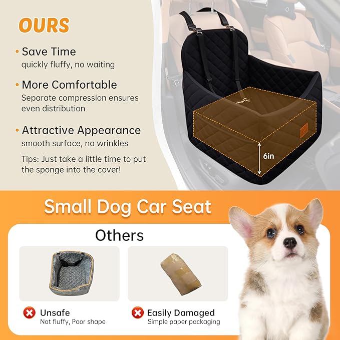 Dog Car Seats for Small Dogs, FurFrolic Memory Foam Dog Booster Seat for Small/Medium Dogs up to 35 lbs, Travel Pet Car Seat with Washable Detachable Cover, Storage Pockets, 2 Safety Belts (Black)