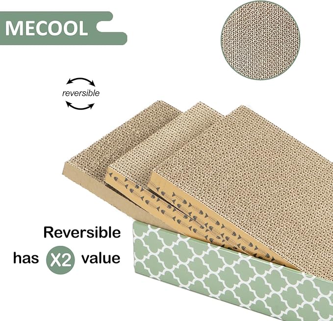 MECOOL Cat Scratching Board,3PC Scratch Pad with Box,Reversible Corrugated Scratcher Cardboard and Lounge Bed for Indoor Cats, Catnip