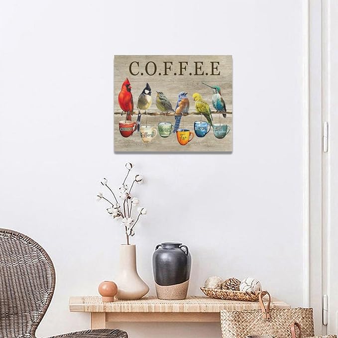Rustic Bird Coffee Wall Art Kitchen Christ Coffee Pictures Wall Decor Farmhouse Cardinal Hummingbird Canvas Print Painting Artwork for Coffee Bar Living Room Bedroom 16"x20"