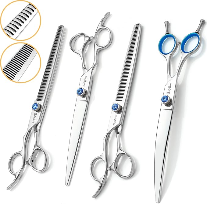 7.5in Curved Chunker Dog Grooming Scissors Kit, VG10 Steel Pet Shears Set, Professional Dog Trimming Scissors, for Rabbit Cat Face Body Hair Cutting Groomer or at Home, with Ergonomic Handle