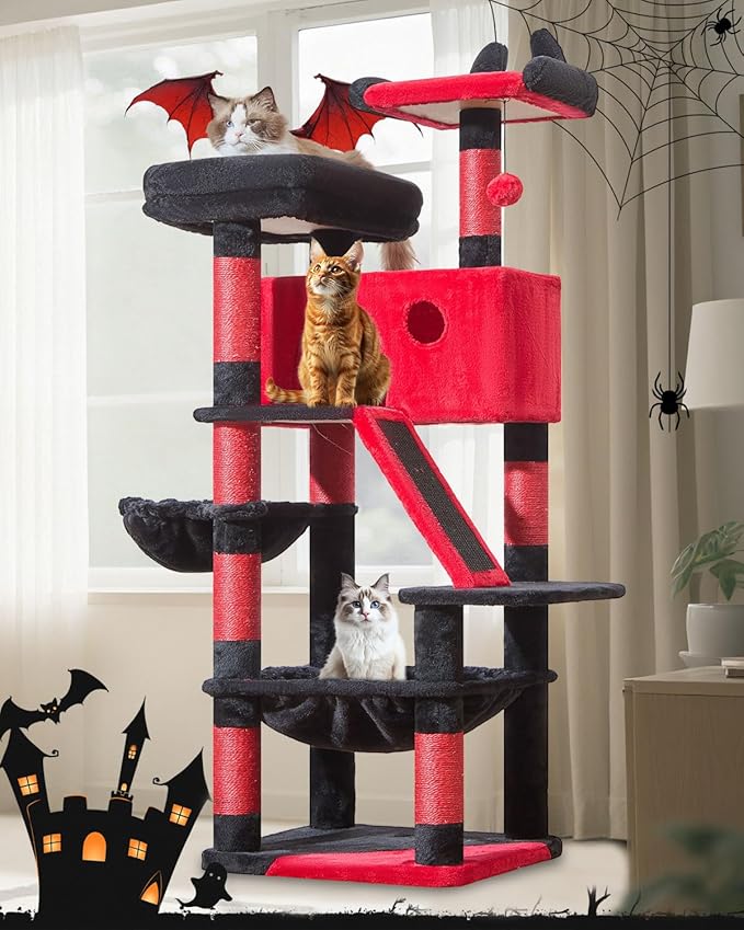 Taoqimiao Gothic Cat Tree 57.5-Inch, Cat Tower for Indoor Cats Large Adult, Large Cat Condo, 8 Sisal Scratching Posts, Metal Frame Cozy Hammock, Durable Scratch Board, 2 Perches, Black and Red MS026BR
