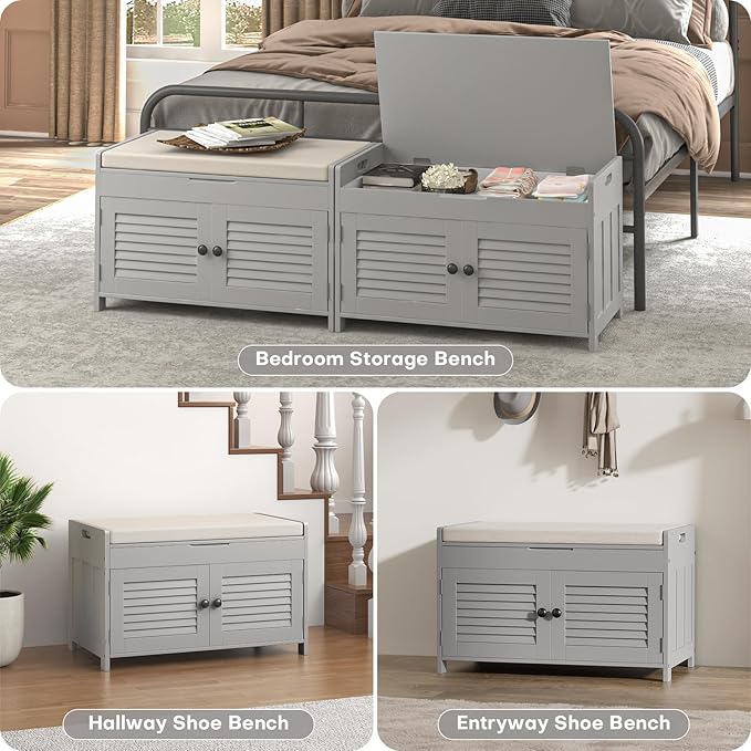 Shoe Storage Bench with Lift Top Storage, Entryway Bench with Cushioned Seat, Adjustable Shelf, 2 Tier Shoe Rack with Doors for Entryway, Bedroom, Hallway, Mudroom, Grey