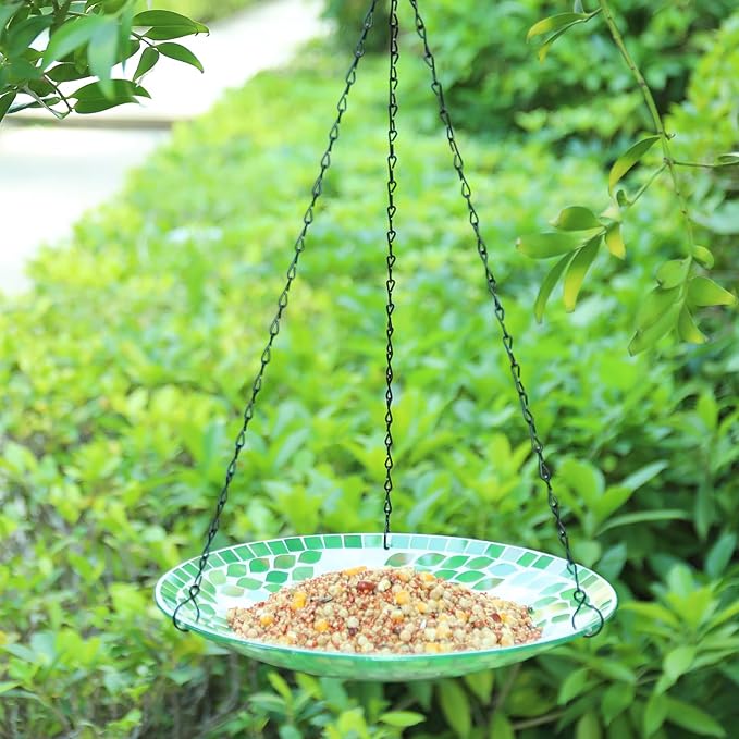 MUMTOP Mosaic Hanging Bird Bath-Bird Baths for Outdoors - 12 Inch Glass Birdbath Bird Water Bowl Bird Feeders for Outside, Garden, Lawn Yard Decor(Flower & Leaf)