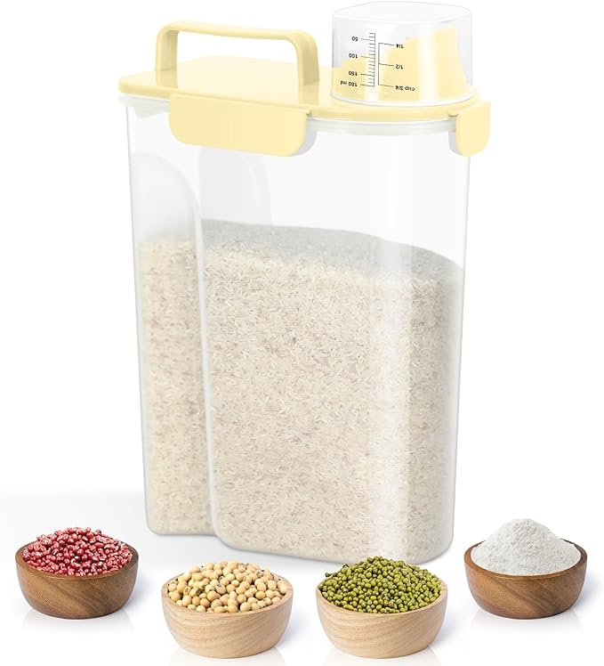 TBMax Airtight Rice Container 10 Lbs, Cereal Dispenser, Travel Pet Cat Dog Food Storage Container, Plastic Kitchen Pantry Food Storage Holder with Cup -Light Yellow