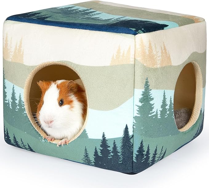 Bienbee Guinea Pig Hideout, Washable Guinea Pigs House Cozy Guinea Pigs Bed for Small Pet Bunny/Rabbit/Hamster/Chinchilla Guinea Pig Accessories Forest Landscape
