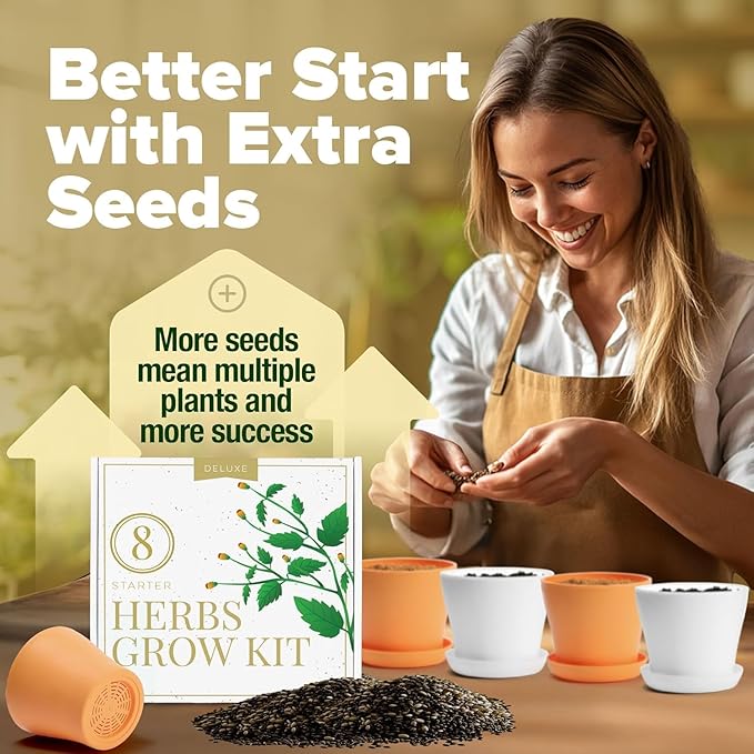 HOME GROWN π£π₯ππ ππ¨π πππ₯π πππ§ 8 Herb Seeds Garden Kit, Complete Indoor Planter Gift with Basil Cilantro Mint & More, Unique Kitchen Growing Set for Women Men, Birthday Housewarming Present