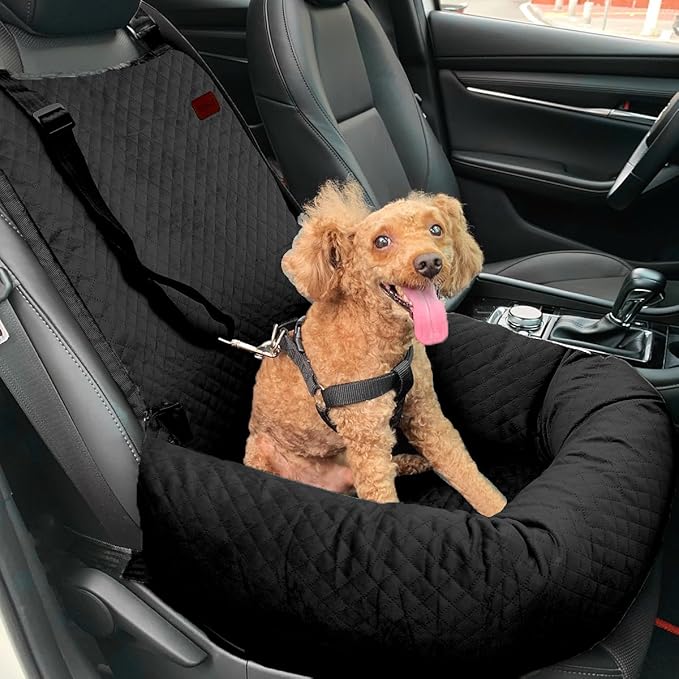Dog Car Seat for Small Medium Dogs Up to 40lbs, Detachable Washable Soft Pet Booster Travel Bed for Front & Black Seat with Safety Leash Belt