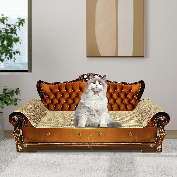 Luxury Cardboard Cat Scratcher Sofa Bed, Couch Shaped Scratching Board, Scratch Lounge with Catnip, Cat Scratcher for Indoor Cats Large Brown