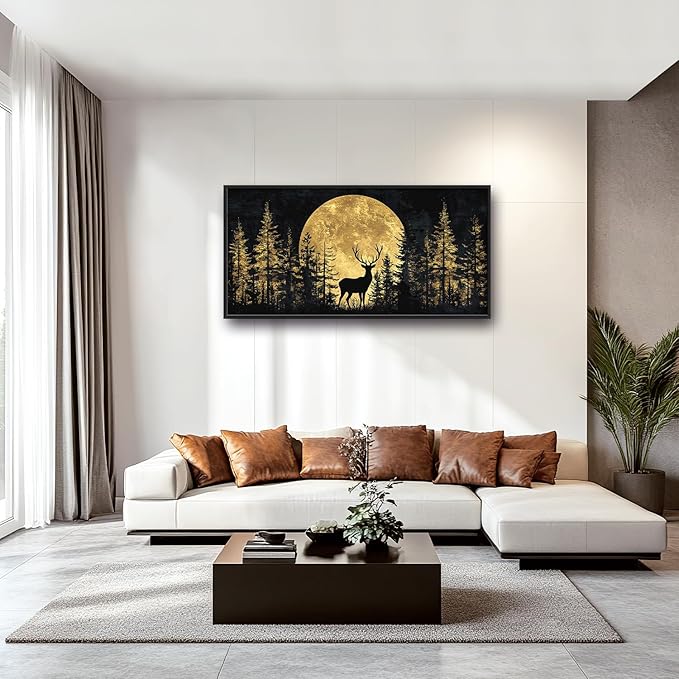 Large Moon Deer Forest Wall Art for Living Room, Black Gold Canvas Oversized Wall Decor, Elk Animal Framed Pictures Painting Print Artwork for Bedroom Office 60L" x 30W"