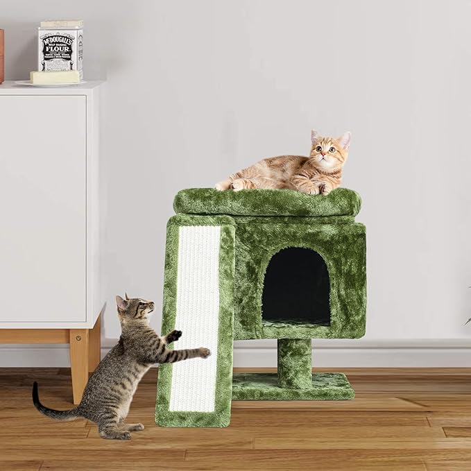 YANDLVY Small Cat Tower for Cats, Cute Cat Tree for Indoor Cats, Kittens Condo with Scratching Post and Board, Cat Cave, Modern Cat Activity House with Plush Perch (Green)