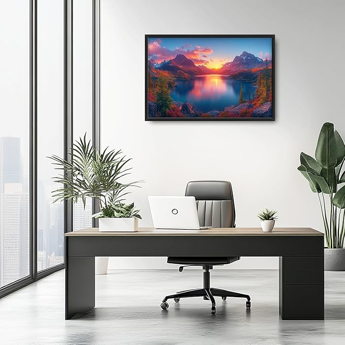 Large Lake Mountain Landscape Wall Art for Living Room, Nature Sunrise Canvas Oversized Wall Decor, River Forest Scenery Framed Pictures Painting Print Artwork for Bedroom Office 36"L x 24"W