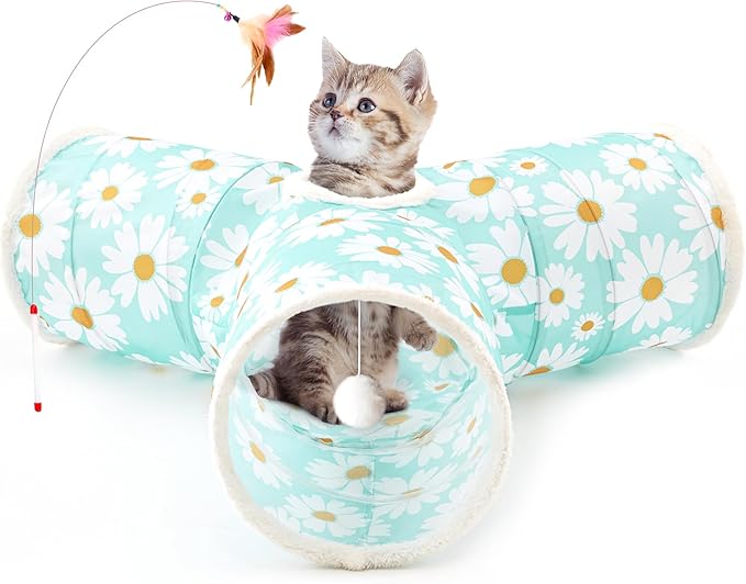 Tempcore Pet Cat Tunnel Tube Cat Toys 3 Way Collapsible, Cat Tunnels for Indoor Cats,Kitty Tunnel Bored Pet Toys Peek Hole Toy Ball, Puppy, Kitty, Kitten, Rabbit Daisy Blue Printed