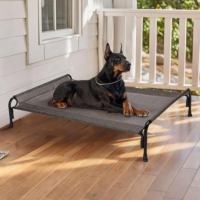 Veehoo XL Outdoor Elevated Dog Bed, Raised Dog Cot for Extra Large Dogs, Cooling Washable Waterproof Pet Hammock Beds with Slope Headrest, Breathable Mesh and Sturdy Frame, X-Large, Brown, CWC2204