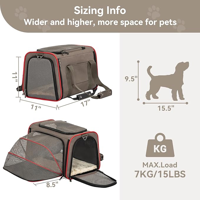 Petsfit Expandable Cat Carrier Dog Carriers,Airline Approved Soft-Sided Portable Pet Travel Washable Carrier for Kittens,Puppies,Removable Soft Plush mat and Pockets,Locking Safety Zippers