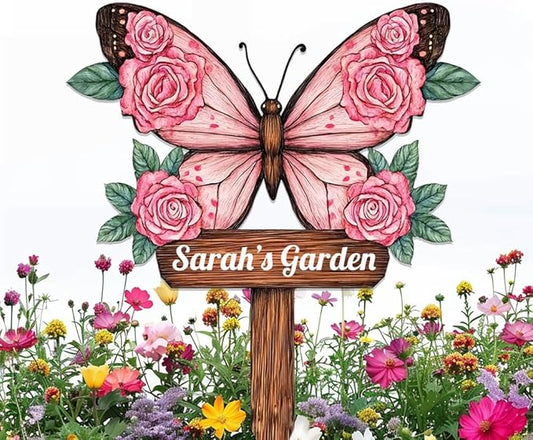Personalized Butterfly Metal Sign with Stake,Custom Gardener Last Name Signs Outdoor Decorate,Customized Garden Accessories Decor for Mother's Day,Rose Flowers Plaques for Patio Lawn Porch Backyard