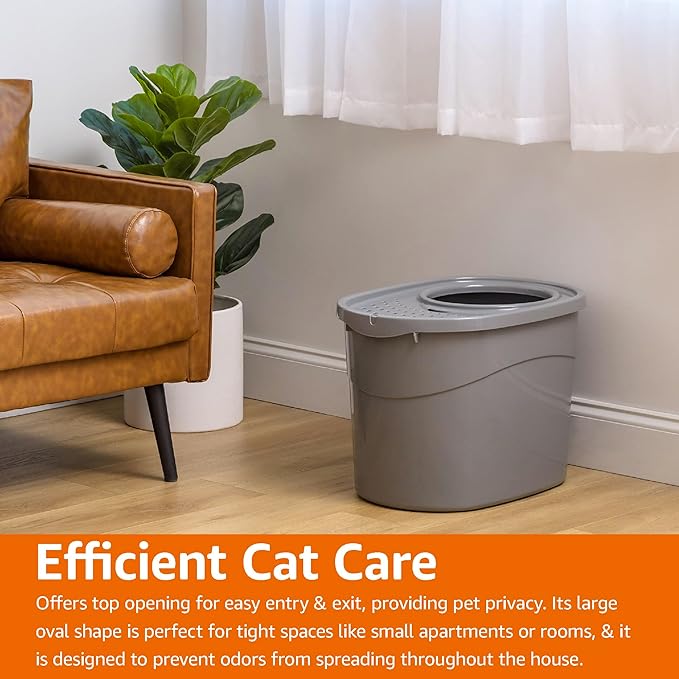 Amazon Basics Large Cat Litter Box with High Sides, Top Entry, Includes Scoop, 20.5 x 14.75 x 14.38 inches, Grey