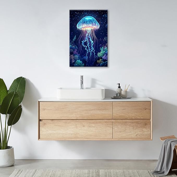 Ocean Jellyfish Wall Art Canvas Coral Fish Wall Decor Prints Framed Painting Underwater Pictures Gifts Artwork for Bathroom Living Dining 16"x24"