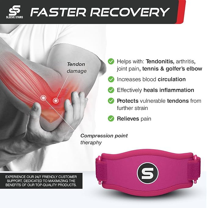 Sleeve Stars Tennis Elbow Brace for Women - Adjustable Tennis Elbow Strap, Golfers Elbow Brace for Men, Counterforce Brace for Tennis Elbow for Tendonitis Relief, Fits 9"-23" (Pair/Hot Pink)